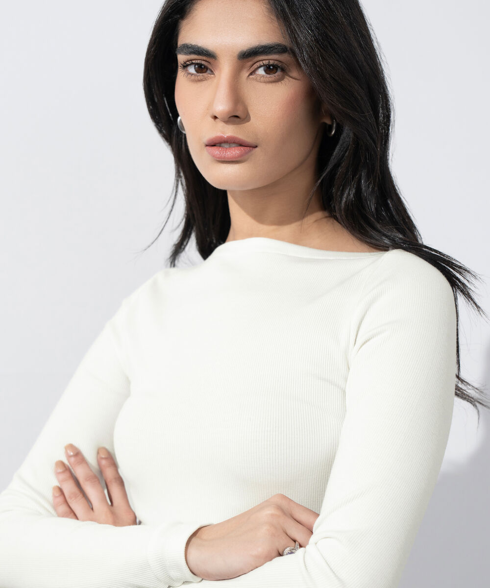 Women's Western Wear White Slash Neck Rib Top