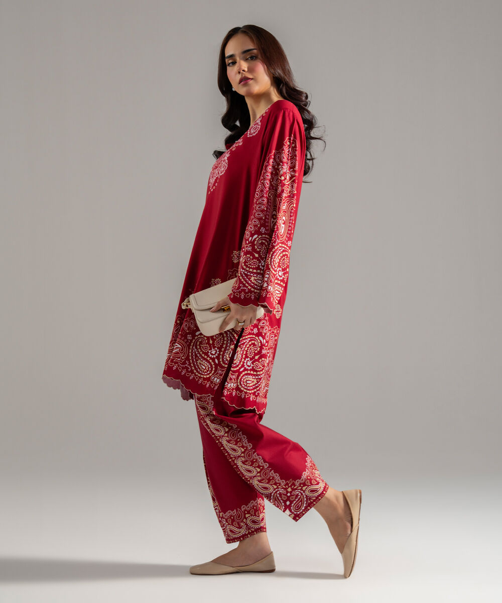Women's RTW Arabic Lawn Printed Maroon Straight Shirt