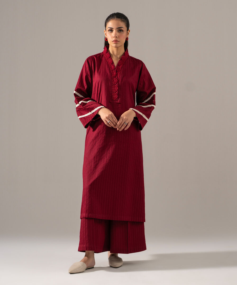 Women's RTW Dobby Strip Solid Maroon 2 Piece Suit