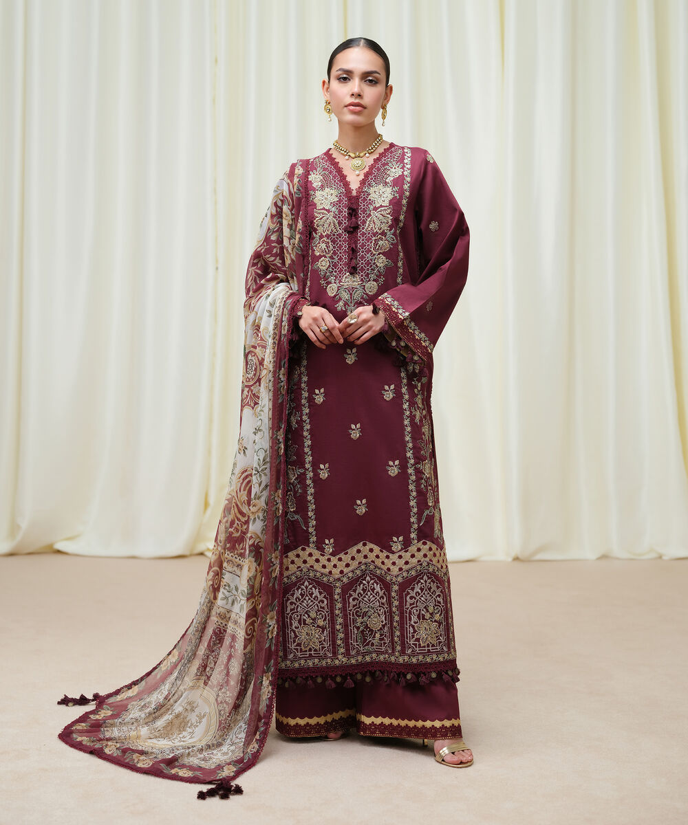 Women's Unstitched Fine Cotton Satin Embroidered Red 3 Piece Suit