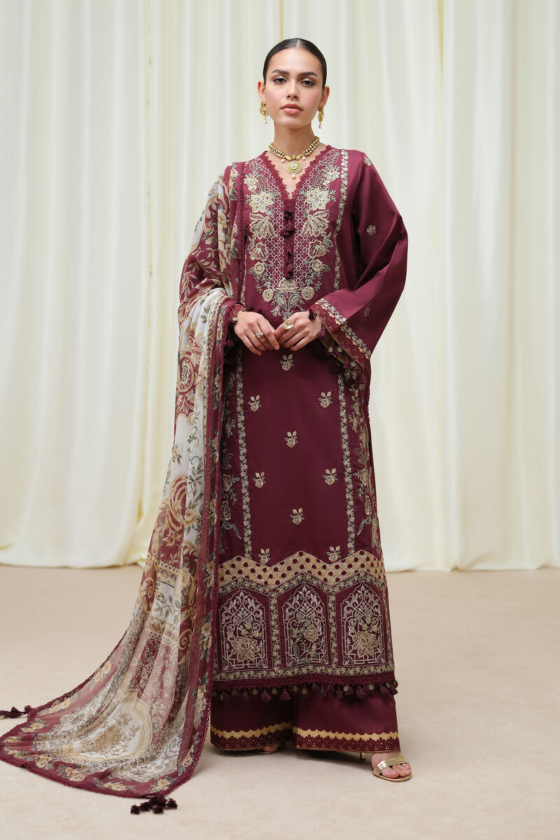 3 Piece - Embroidered Cotton Satin Suit