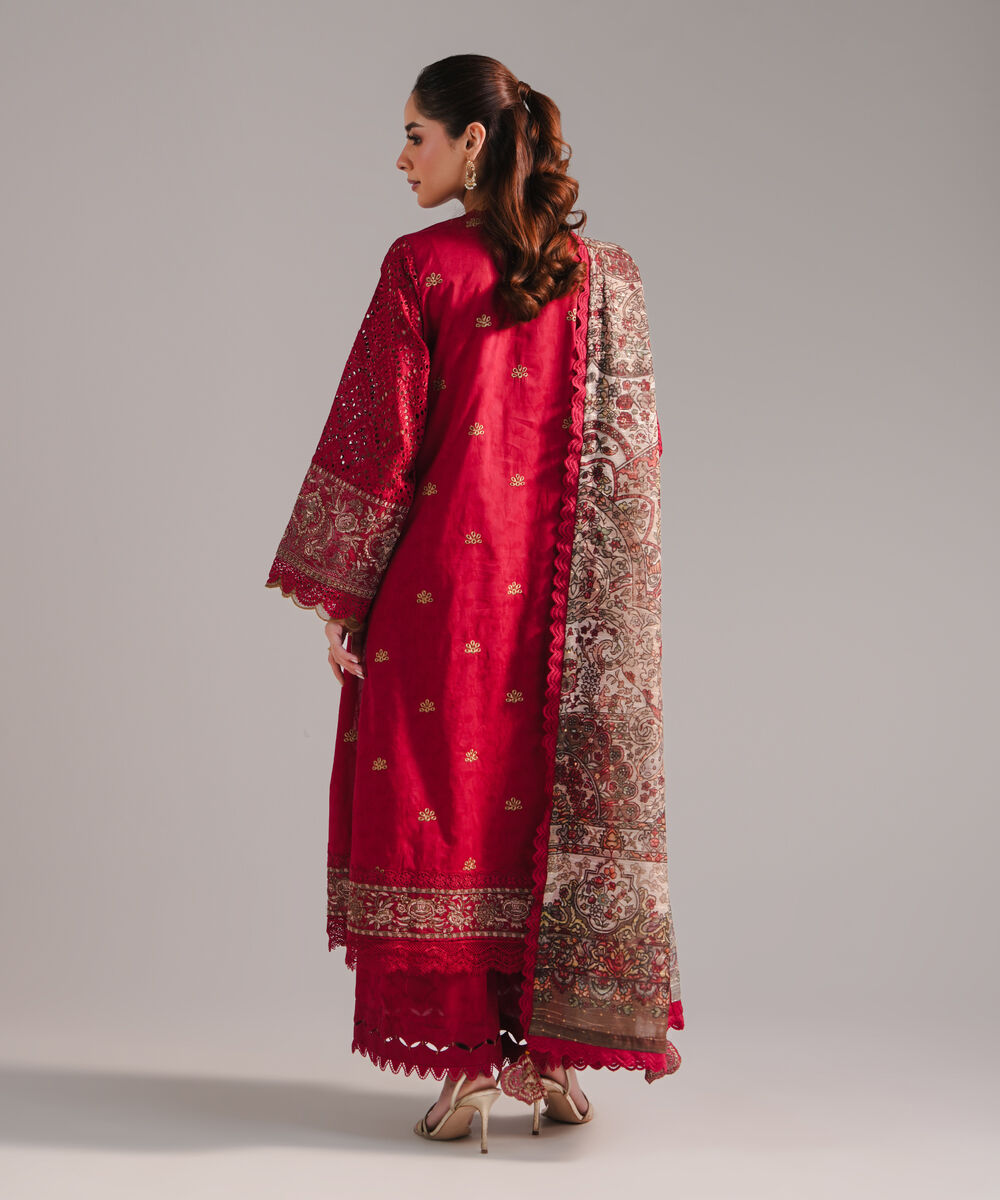 Women's RTW Self Jacquard Embroidered Maroon 3 Piece Suit