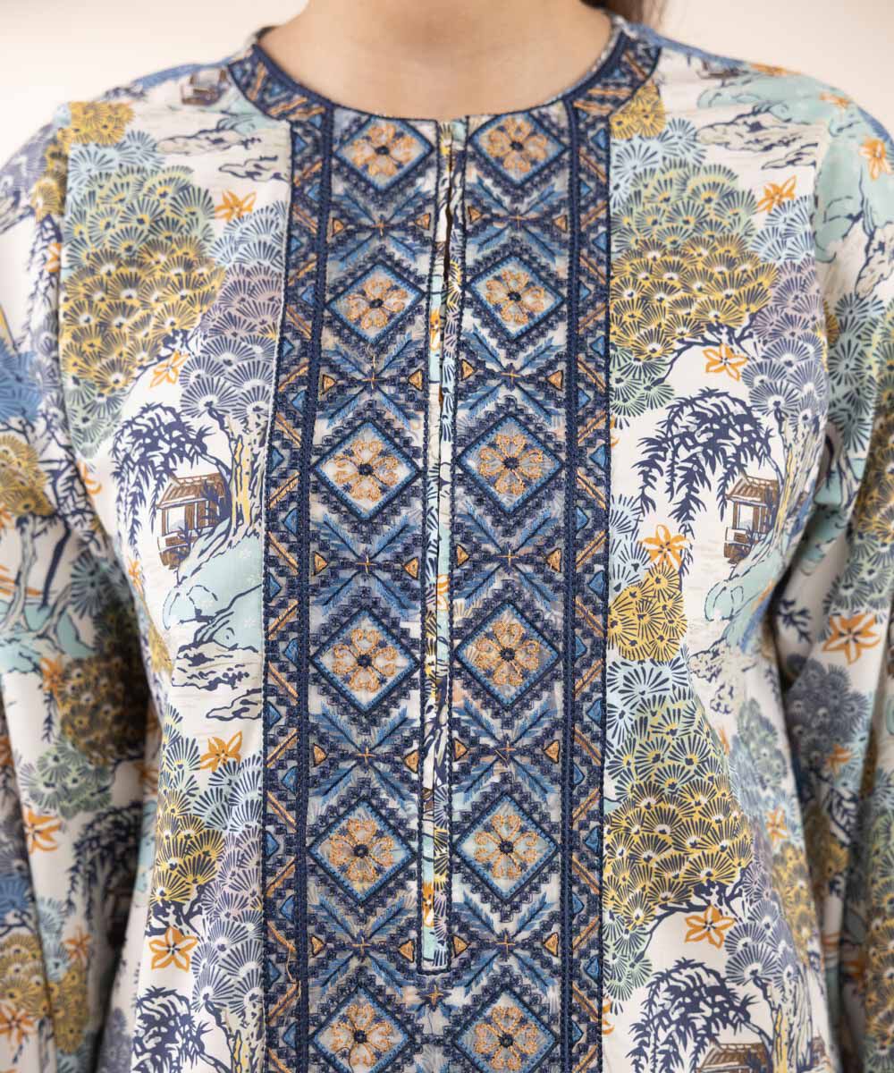 Women's RTW Cotton Viscose Blue Embroidered Boxy Shirt