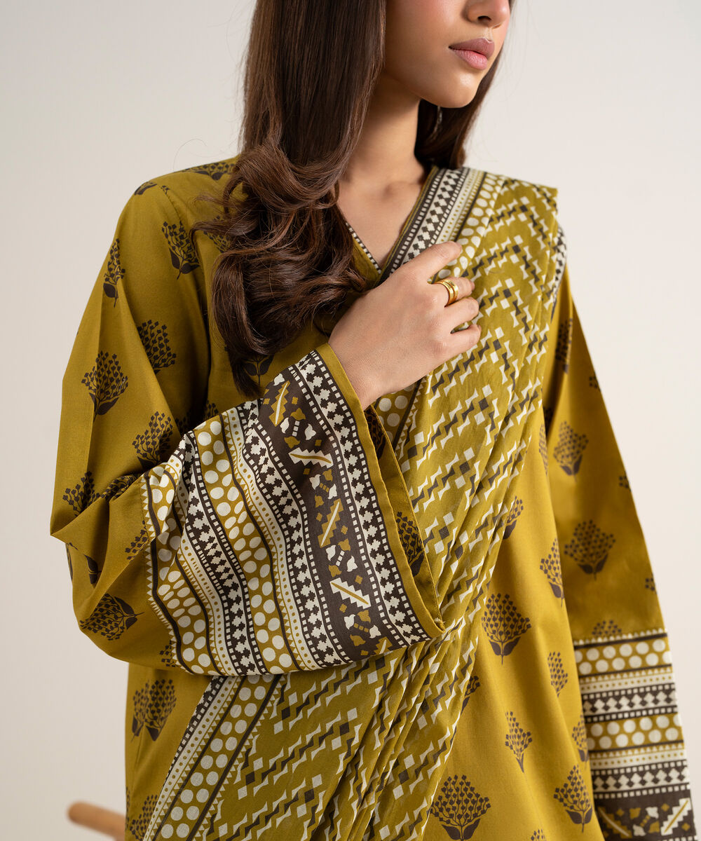 Women's Unstitched Lawn Printed Mustard 3 Piece Suit