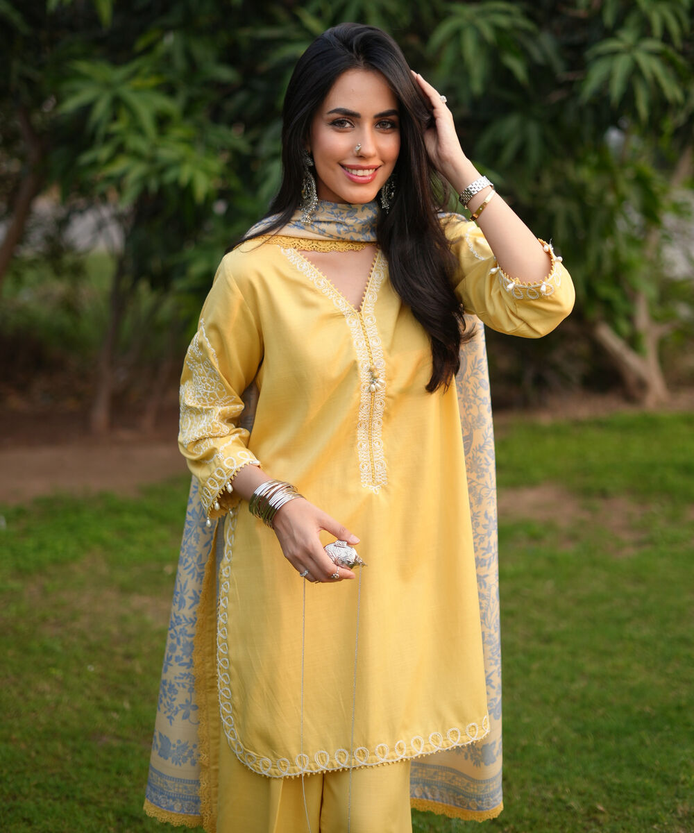 Women's RTW Cotton Viscose Embroidered Yellow 3 Piece Suit