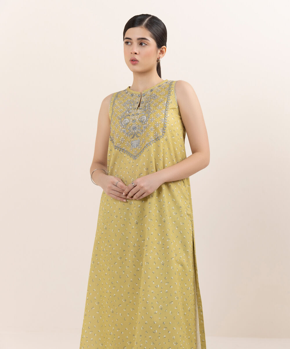 Women's Unstitched Lawn Embroidered Mustard Two Piece Suit