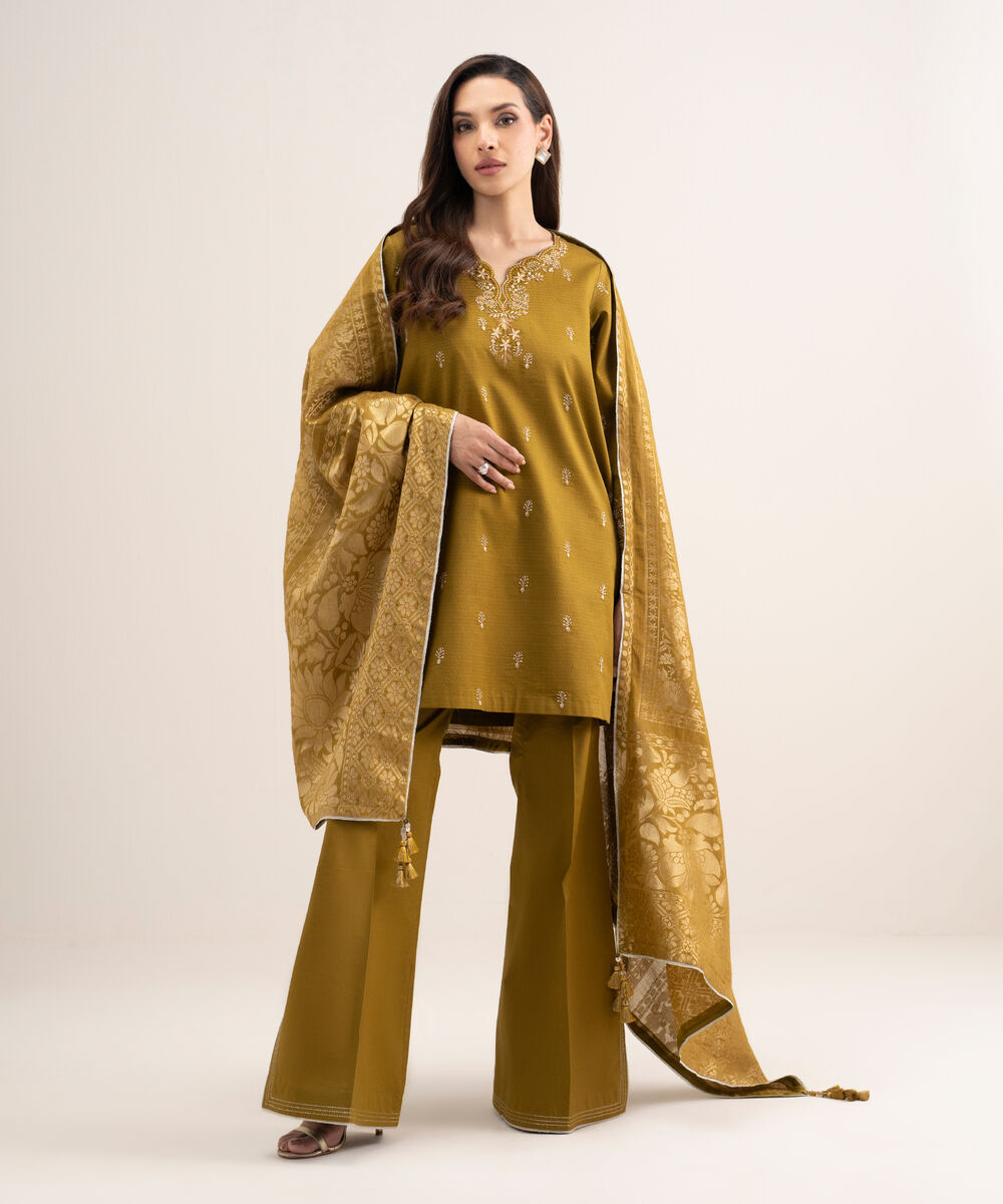 Women's Unstitched Dobby Embroidered Brown 3 Piece Suit