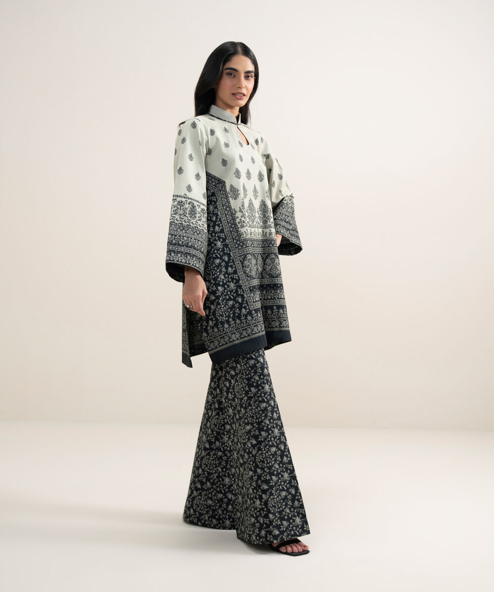 Women's Unstitched Lawn Printed Black and Off White 2 Piece Suit