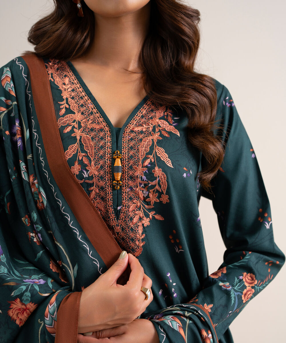 Women's Unstitched Printed Cotton Viscose Teal Green 3 Piece Suit