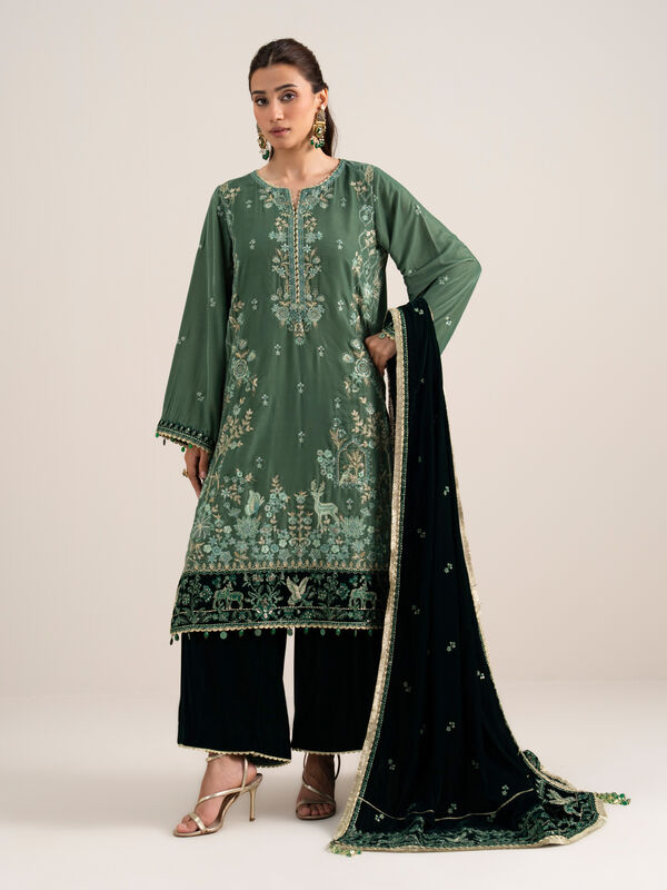 3 Piece - Embroidered Velvet Suit