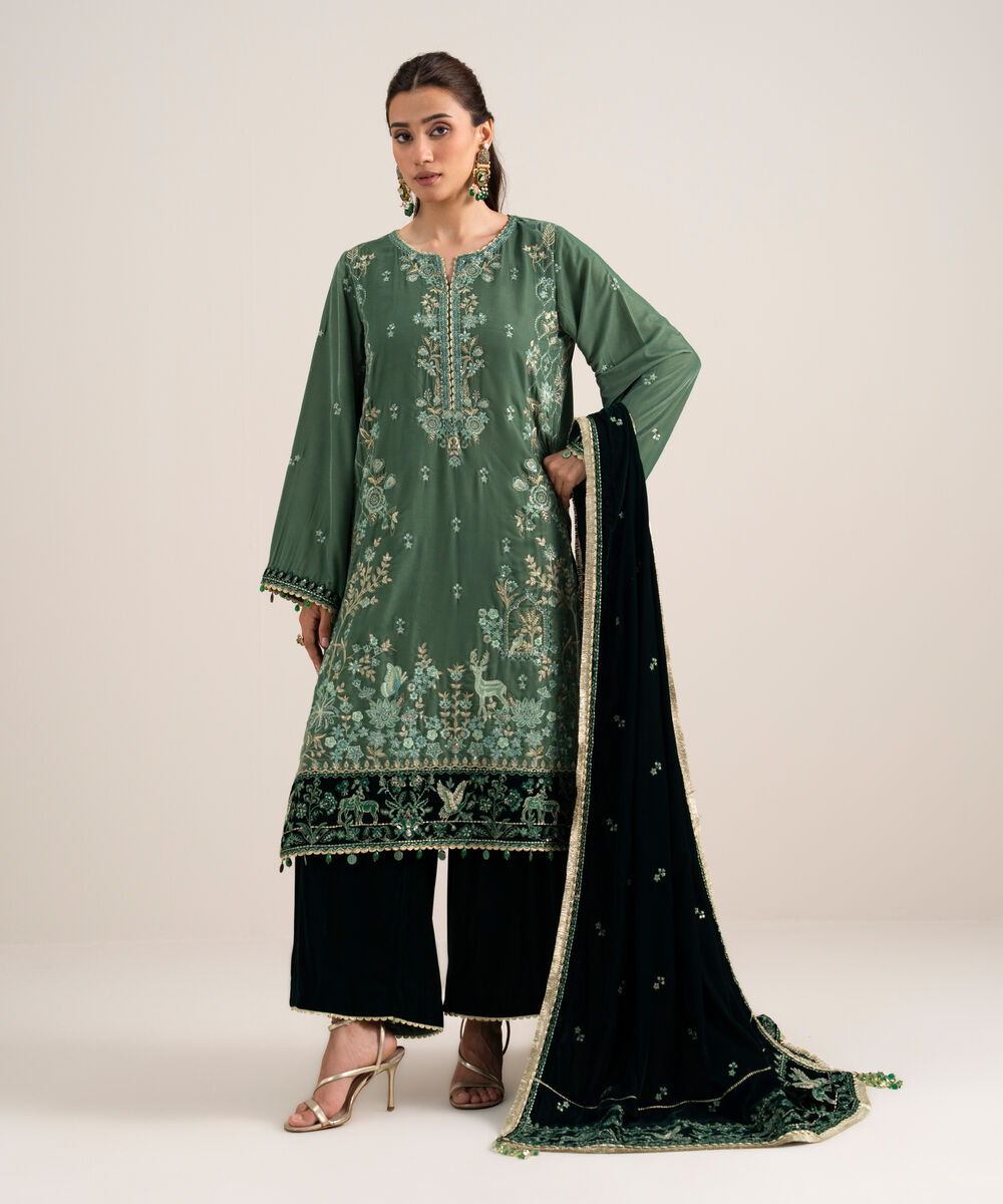 Women's Unstitched Embroidered Velvet Green 3 Piece Suit