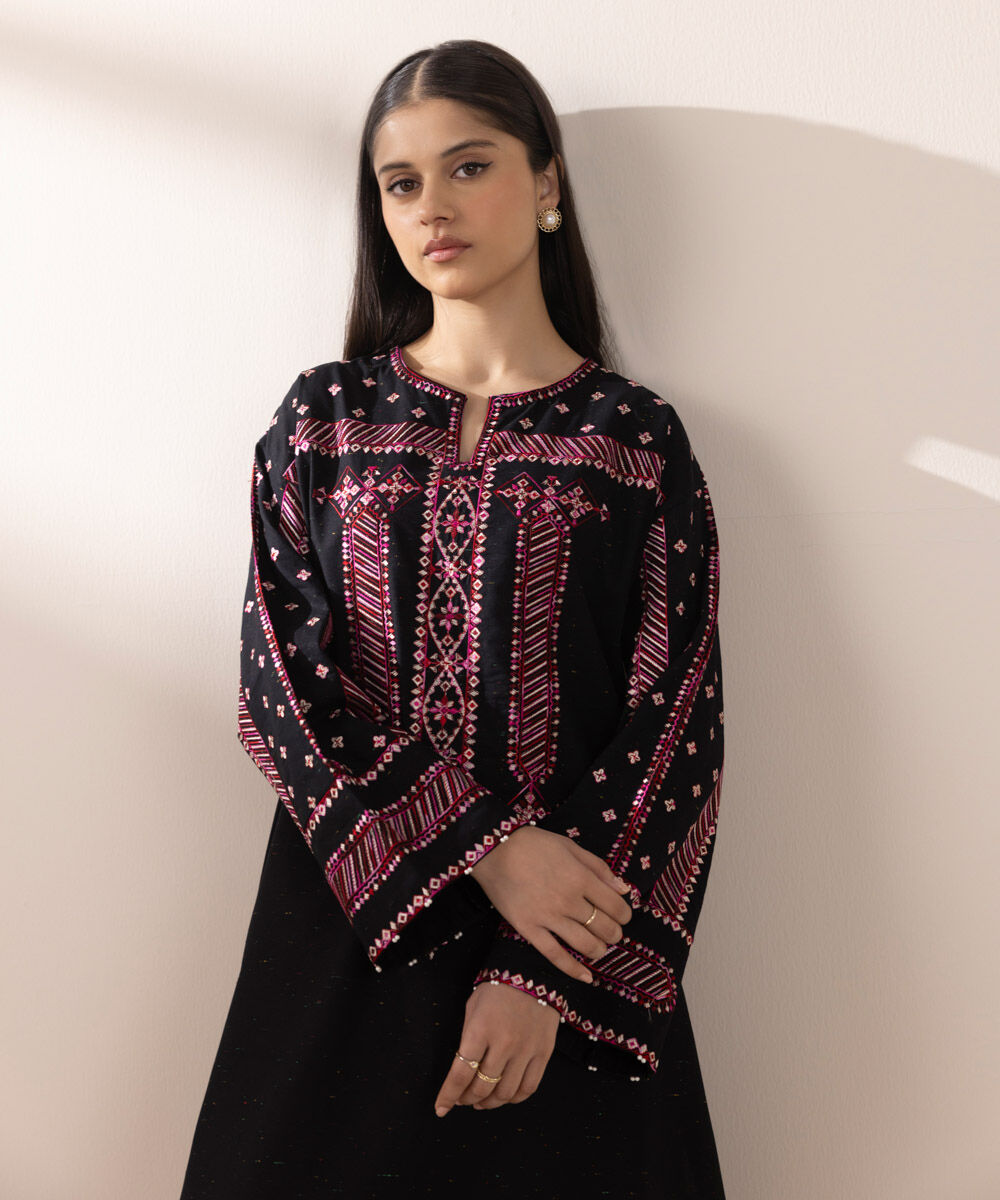 Women's Pret Multineps Black Embroidered A-Line Shirt