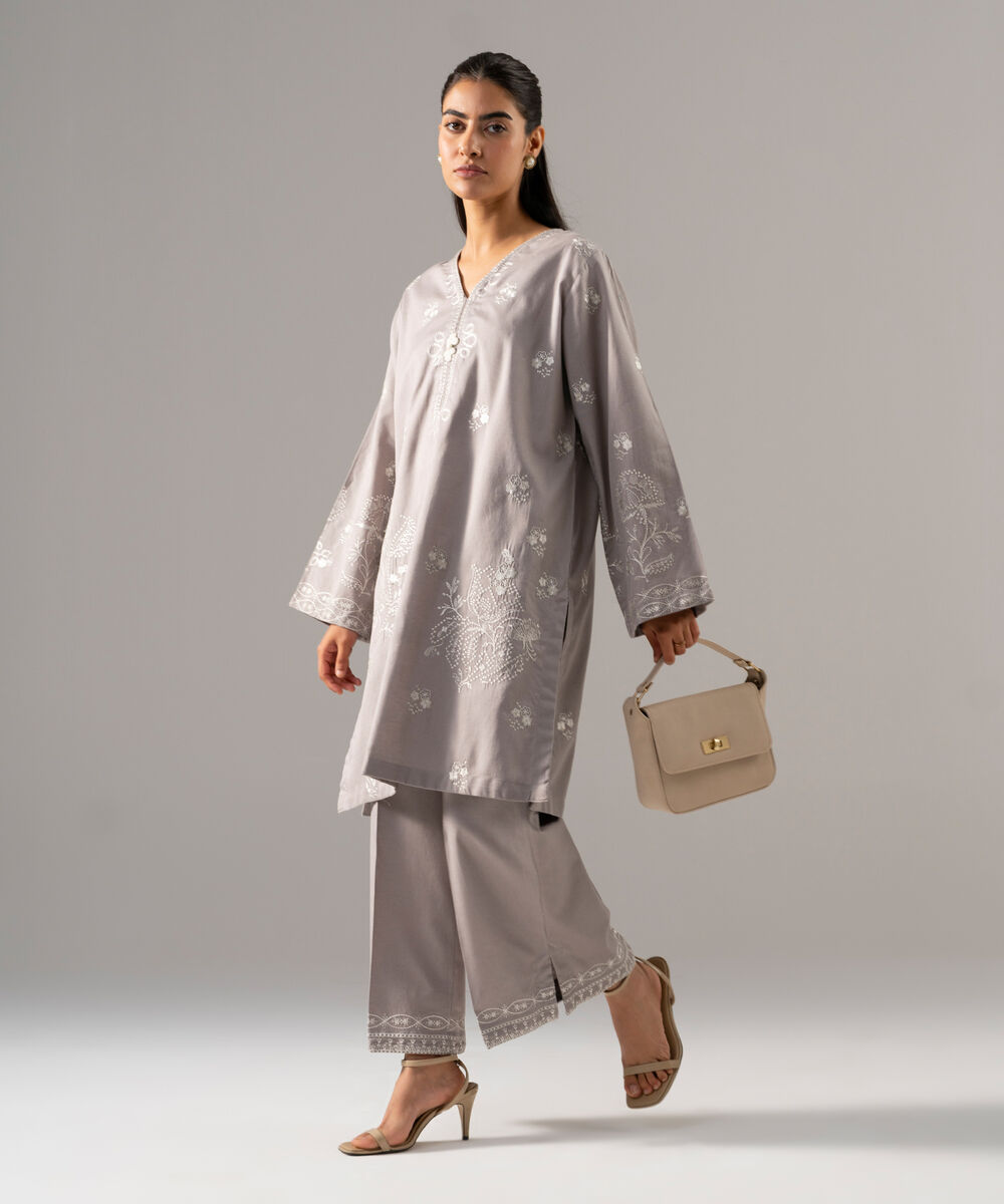 Women's RTW Cotton Linen Embroidered Grey 2 Piece Suit