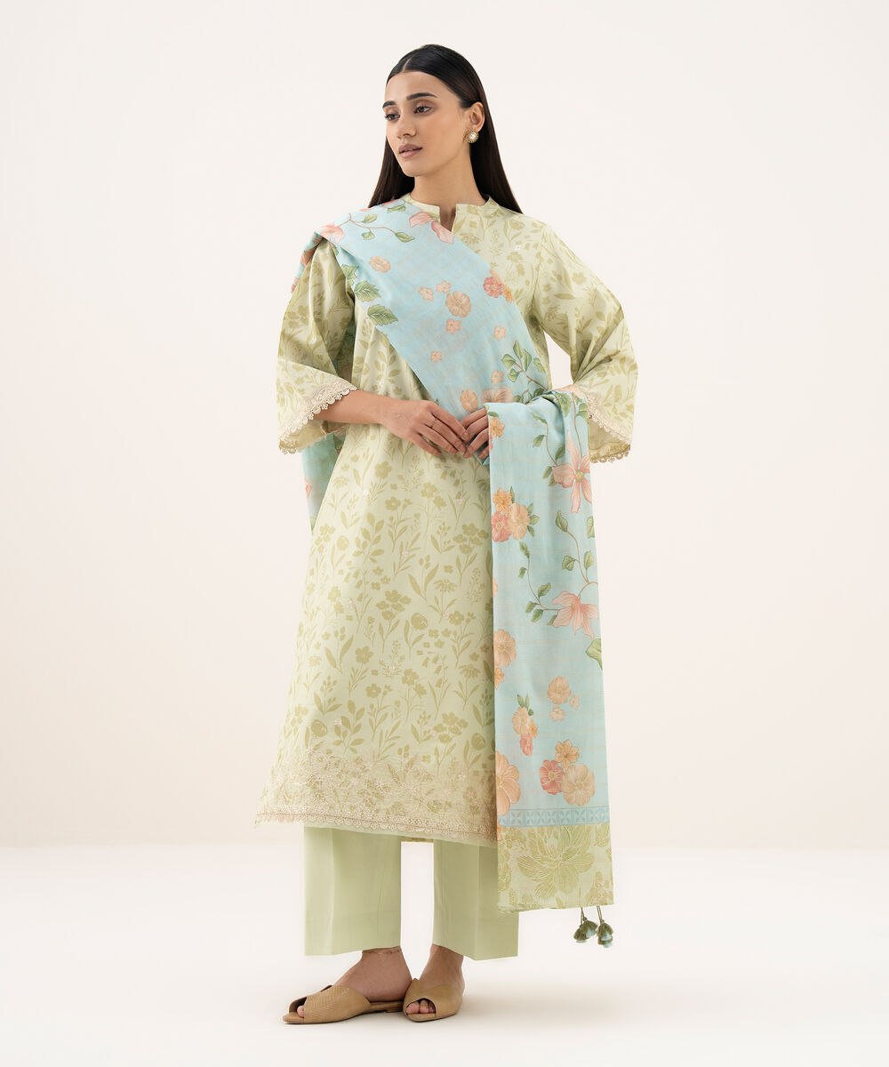 Women's Unstitched Zari Lawn Embroidered Multi 3 Piece Suit