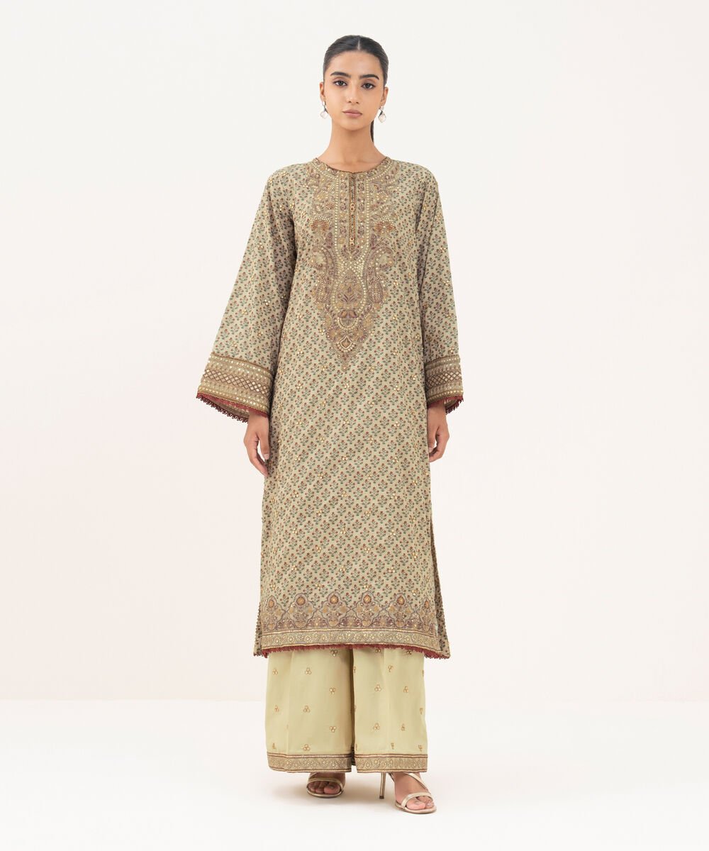 Women's RTW Textured Lawn Beige Embroidered A-Line Shirt