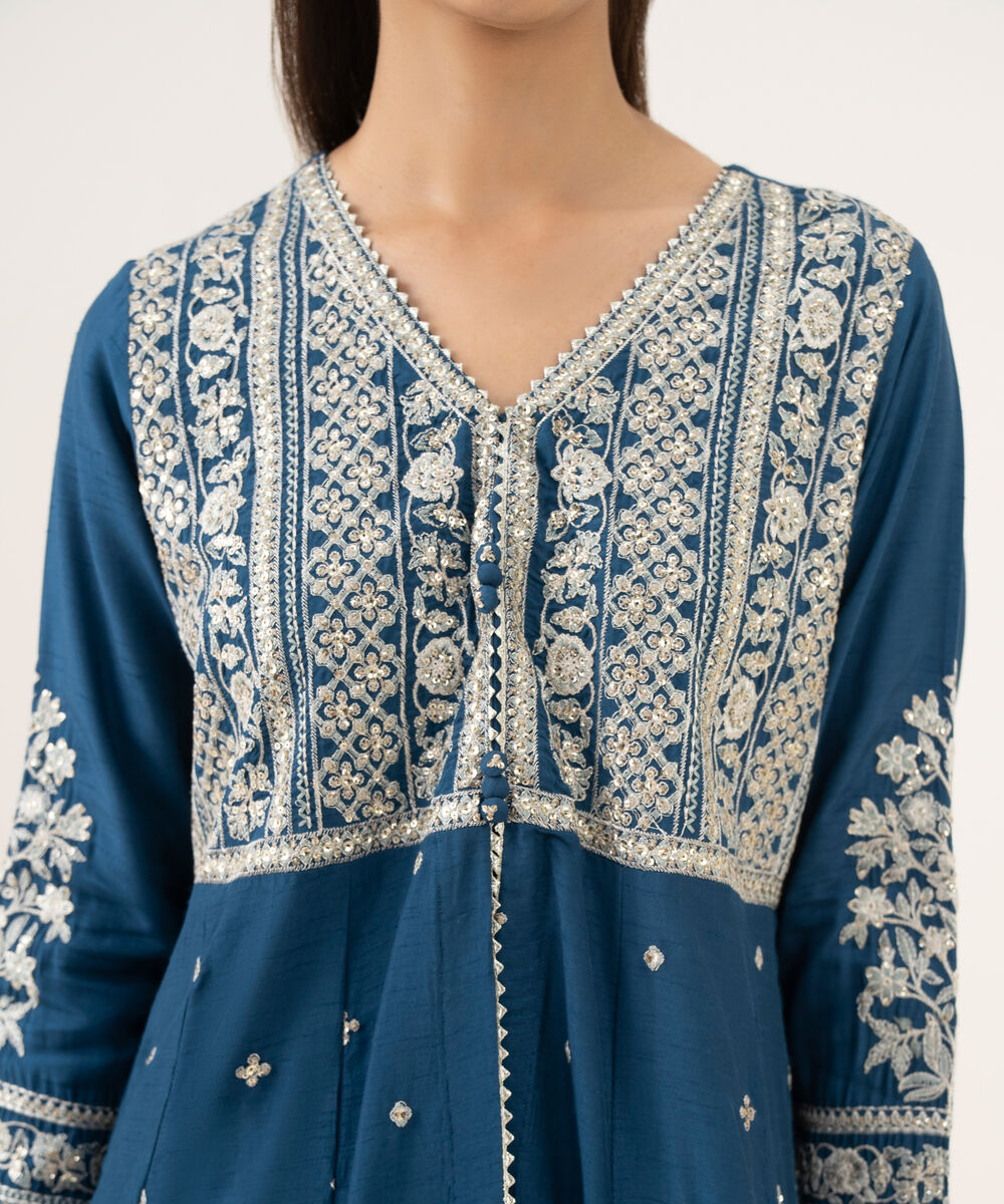 Women's RTW Raw Silk Embroidered Blue 3 Piece Suit