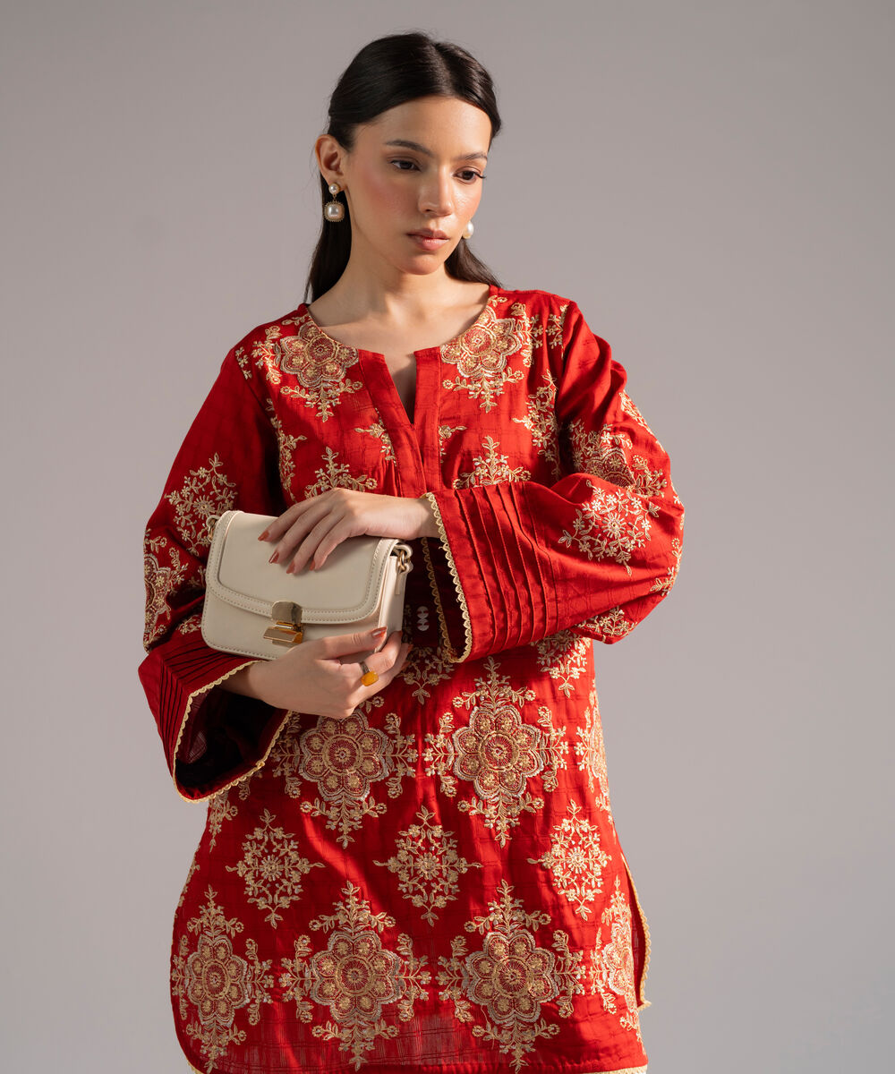 Women's RTW Dobby Embroidered Straight Rust Shirt
