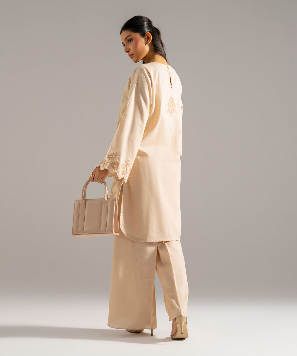 Women's RTW Cross Hatch Solid Embroidered Beige 2 Piece Suit