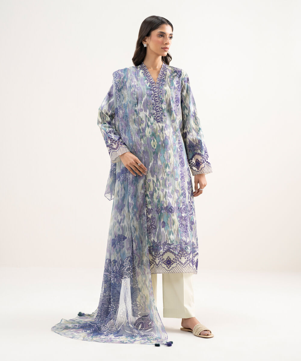 Women's Unstitched Lawn Embroidered Purple 3 Piece Suit