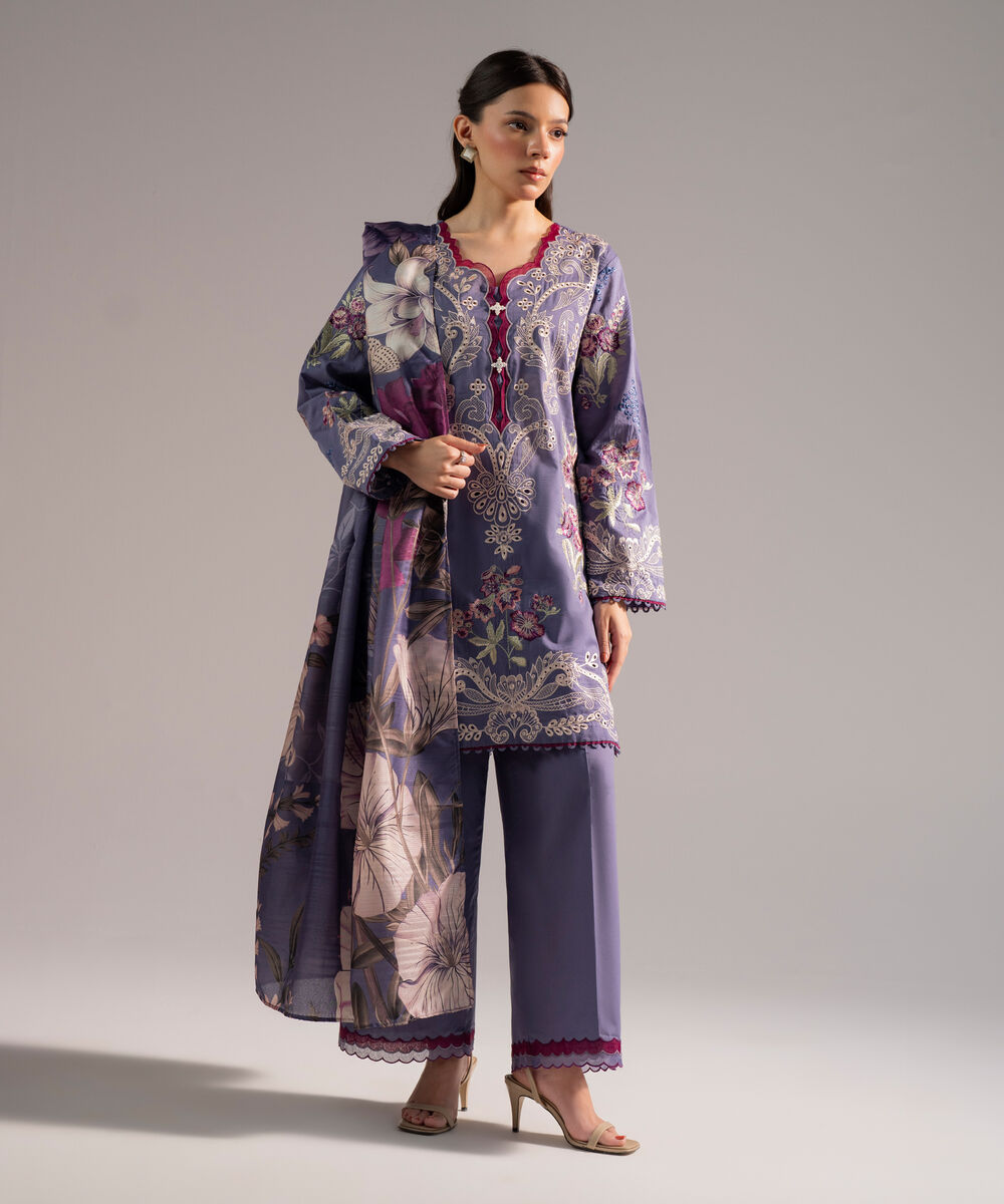 Women's RTW Slub Lawn Embroidered Steel Blue 3 Piece Suit