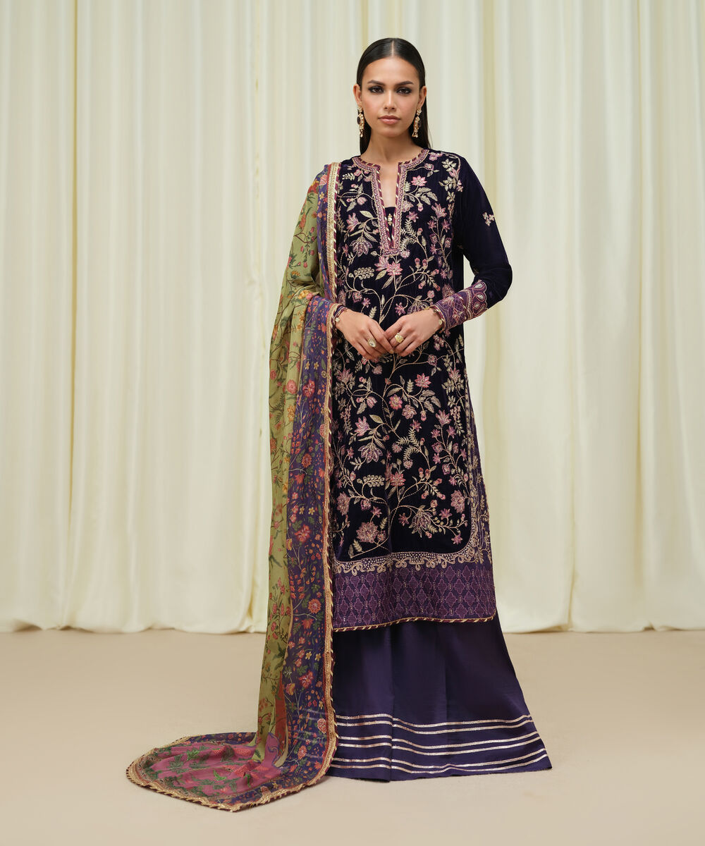 Women's Unstitched Embroidered Viscose Raw Silk Blue 3 Piece Suit