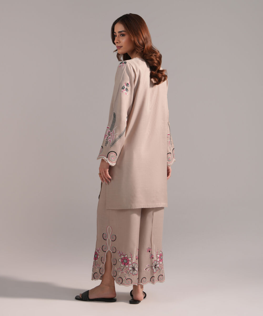 Women's RTW Viscose Raw Silk Embroidered Grey 2 Piece Suit