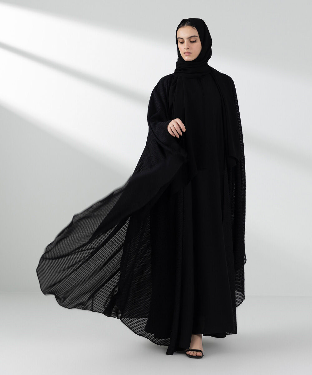 Woman - Black Front Open Cape Abaya Set