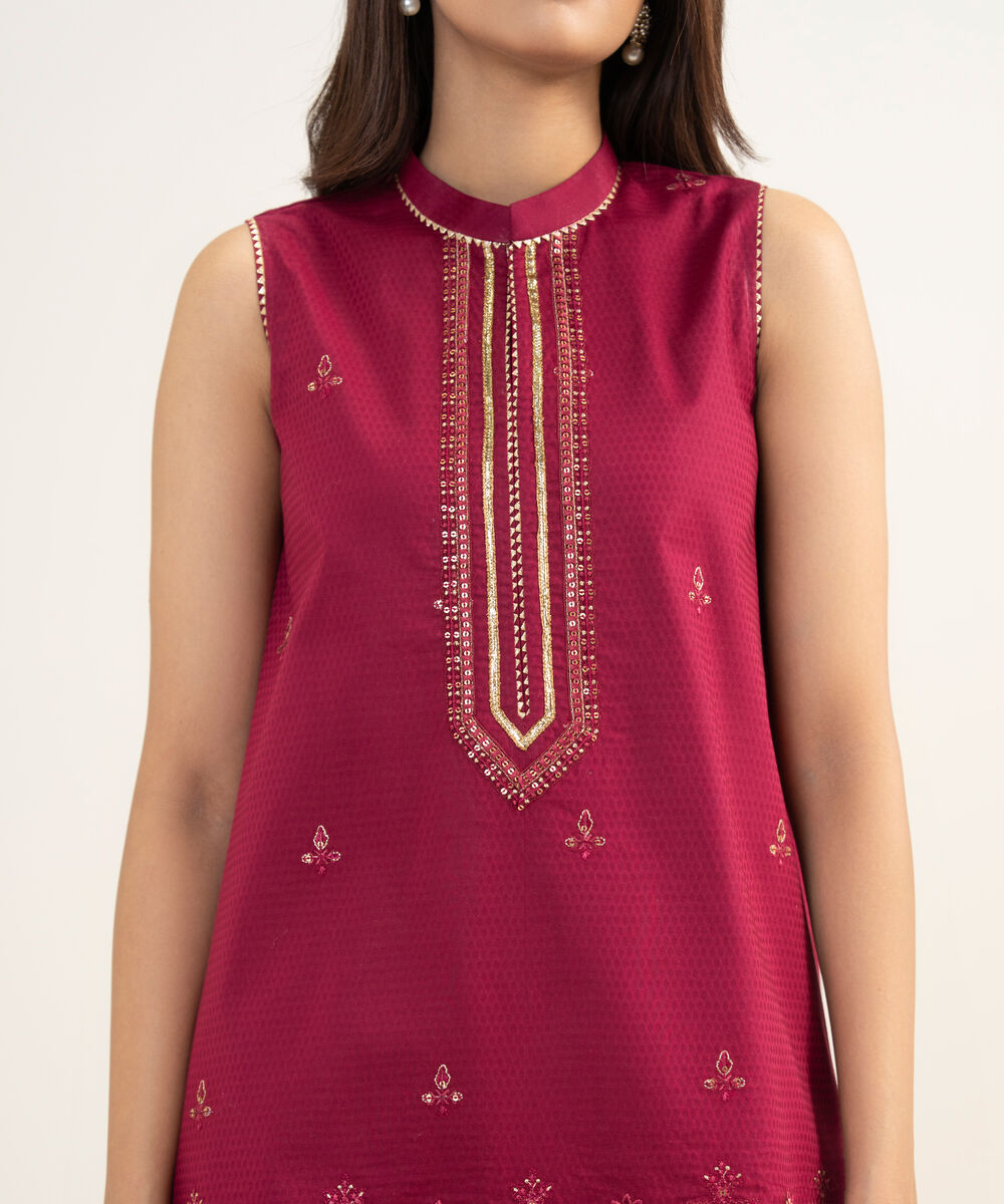 Women's Unstitched Dobby Embroidered Red 3 Piece Suit