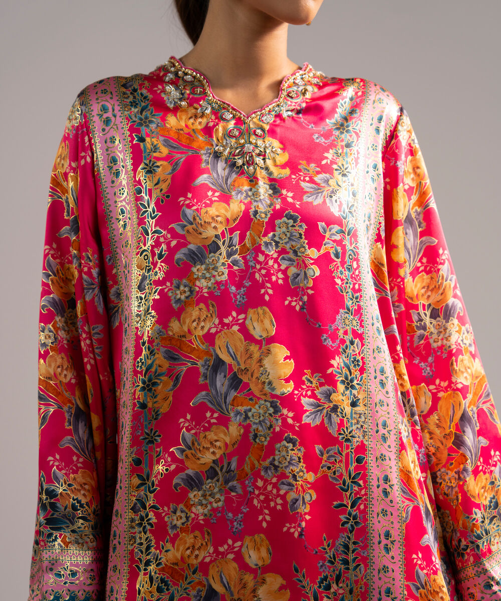 Women's RTW Blended Satin Printed Pink 2 Piece Suit