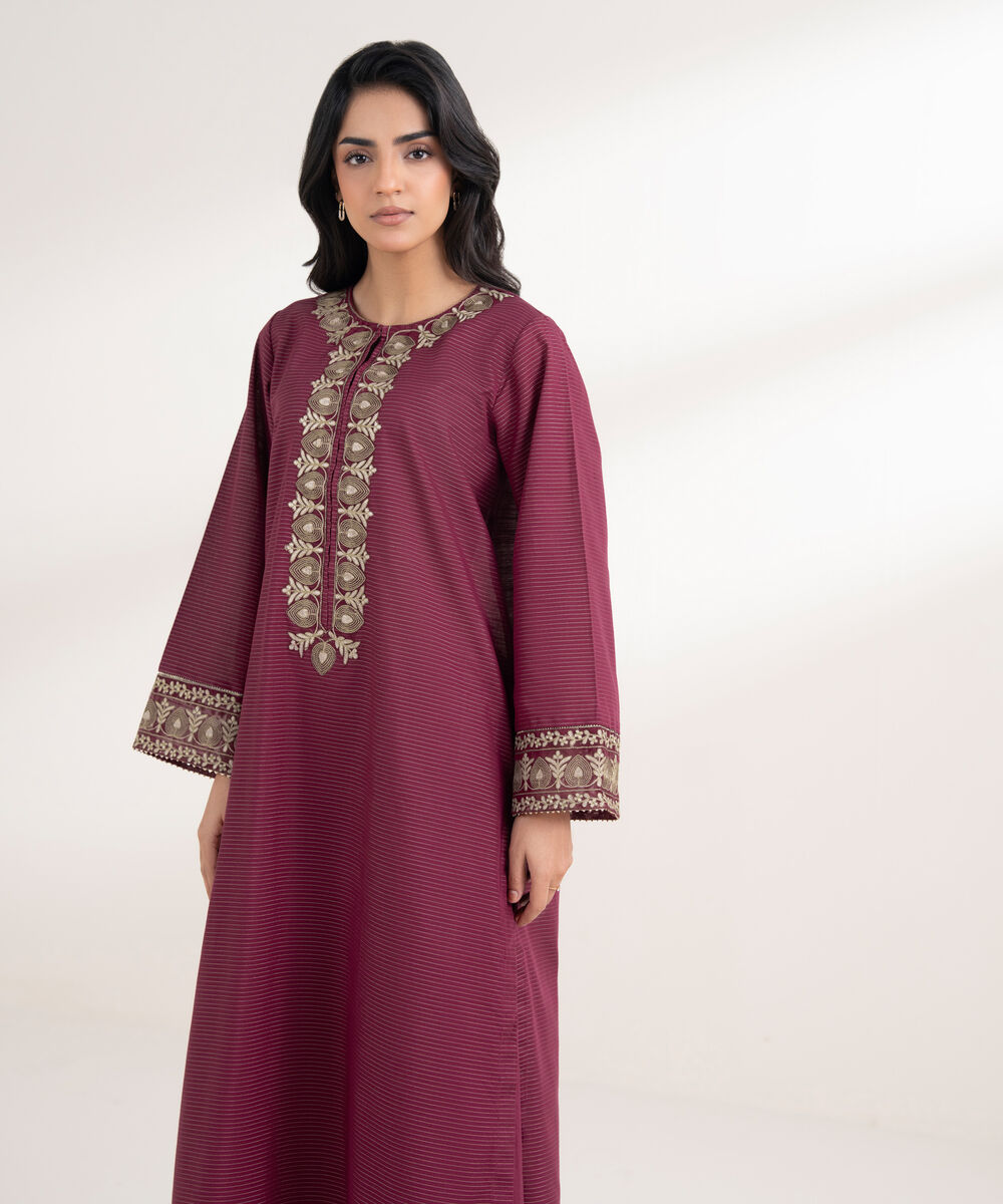 Women's RTW Zari Cotton Embroidered Straight Magenta Shirt