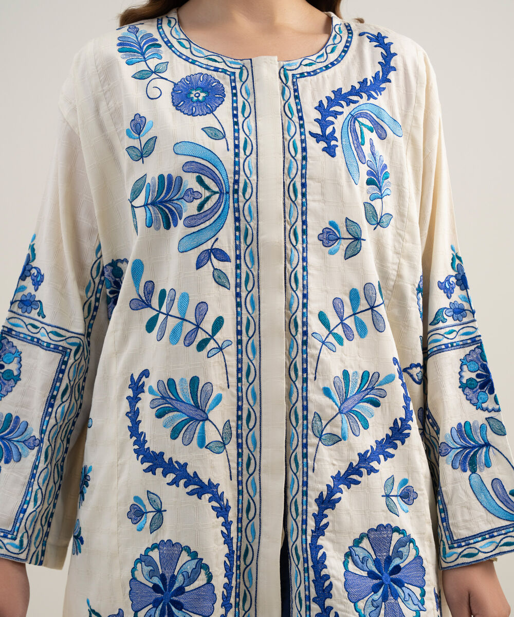 Women's RTW Dobby Embroidered Off White Drop Shoulder Shirt