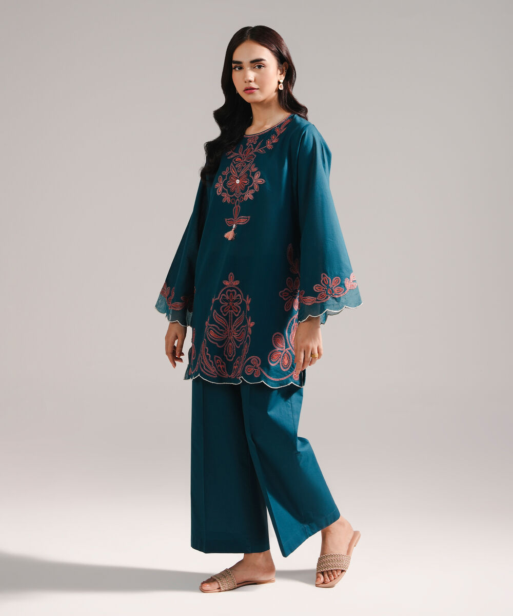 Women's RTW Cross Hatch Embroidered Teal Straight Shirt
