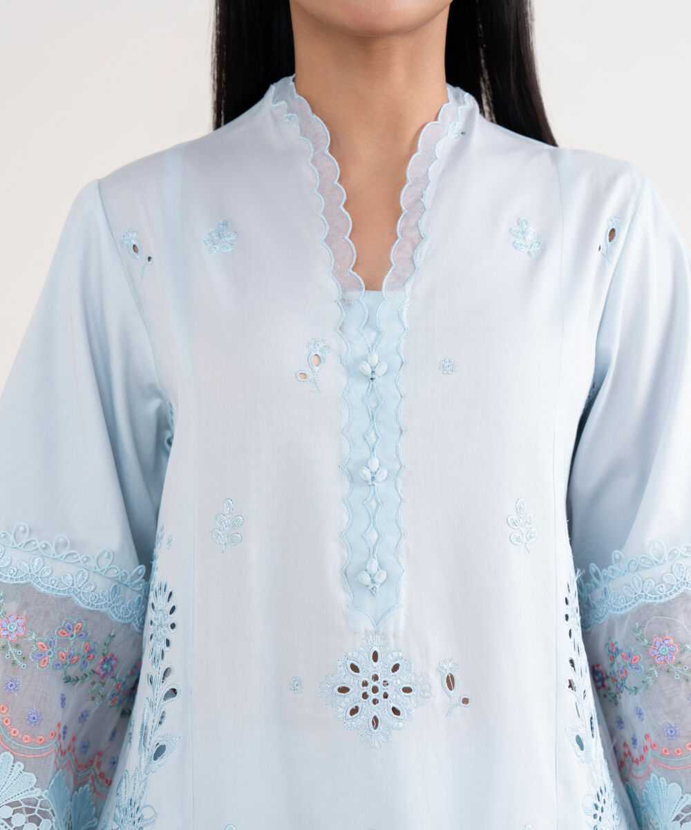 Women's Unstitched Fine Cotton Satin Embroidered Blue 3 Piece Suit