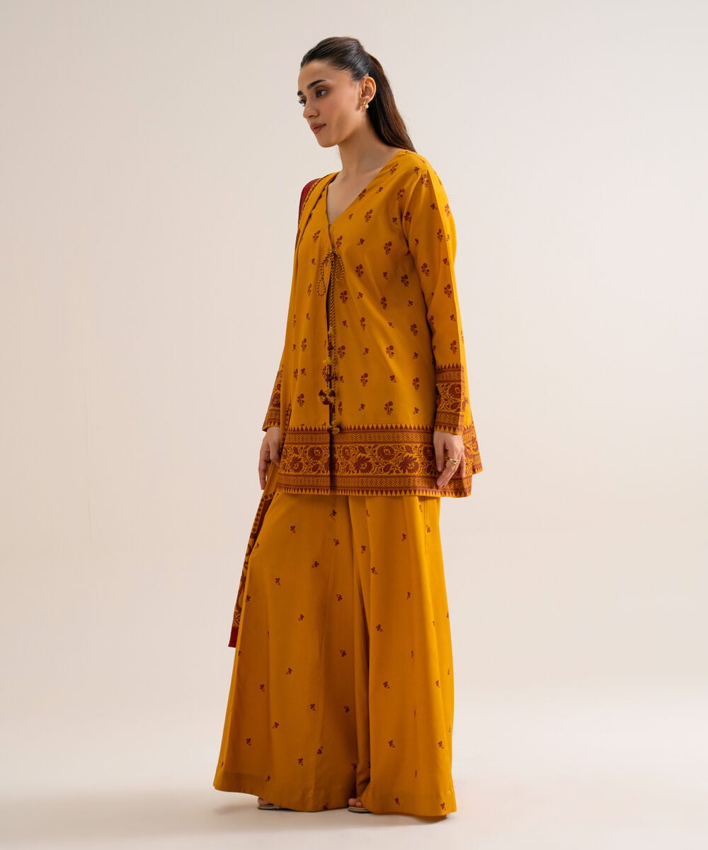 Women's Unstitched Viscose Linen Printed Yellow 3 Piece Suit