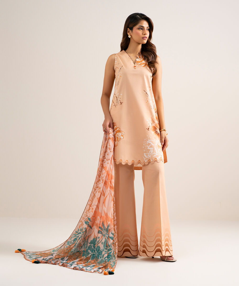Women's Unstitched Lawn Printed Peach 3 Piece Suit