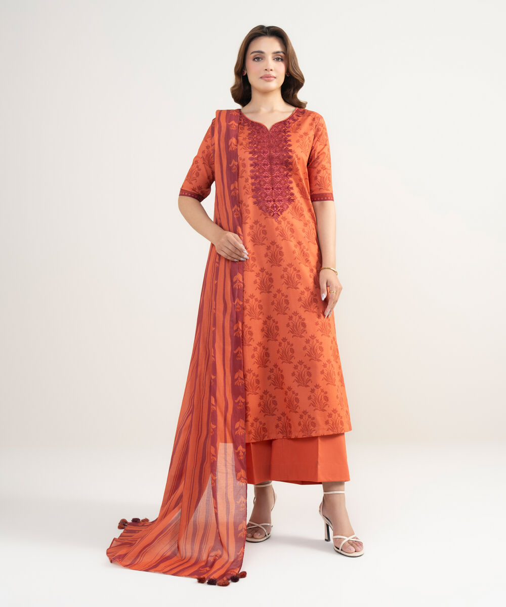 Women's Unstitched Lawn Embroidered Orange 3 Piece Suit