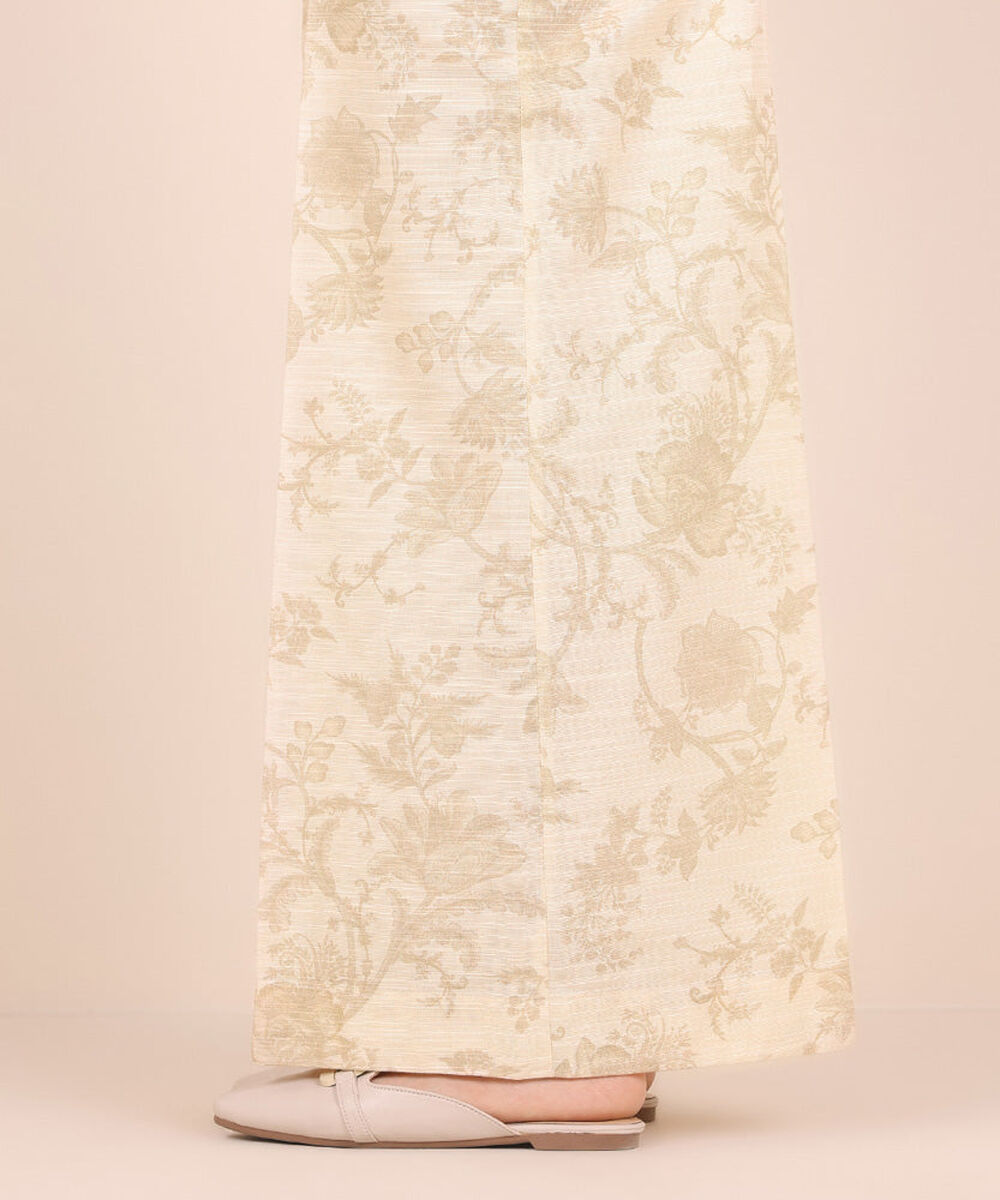 Women's Pret Printed Cream White Khaddar Flared Trousers