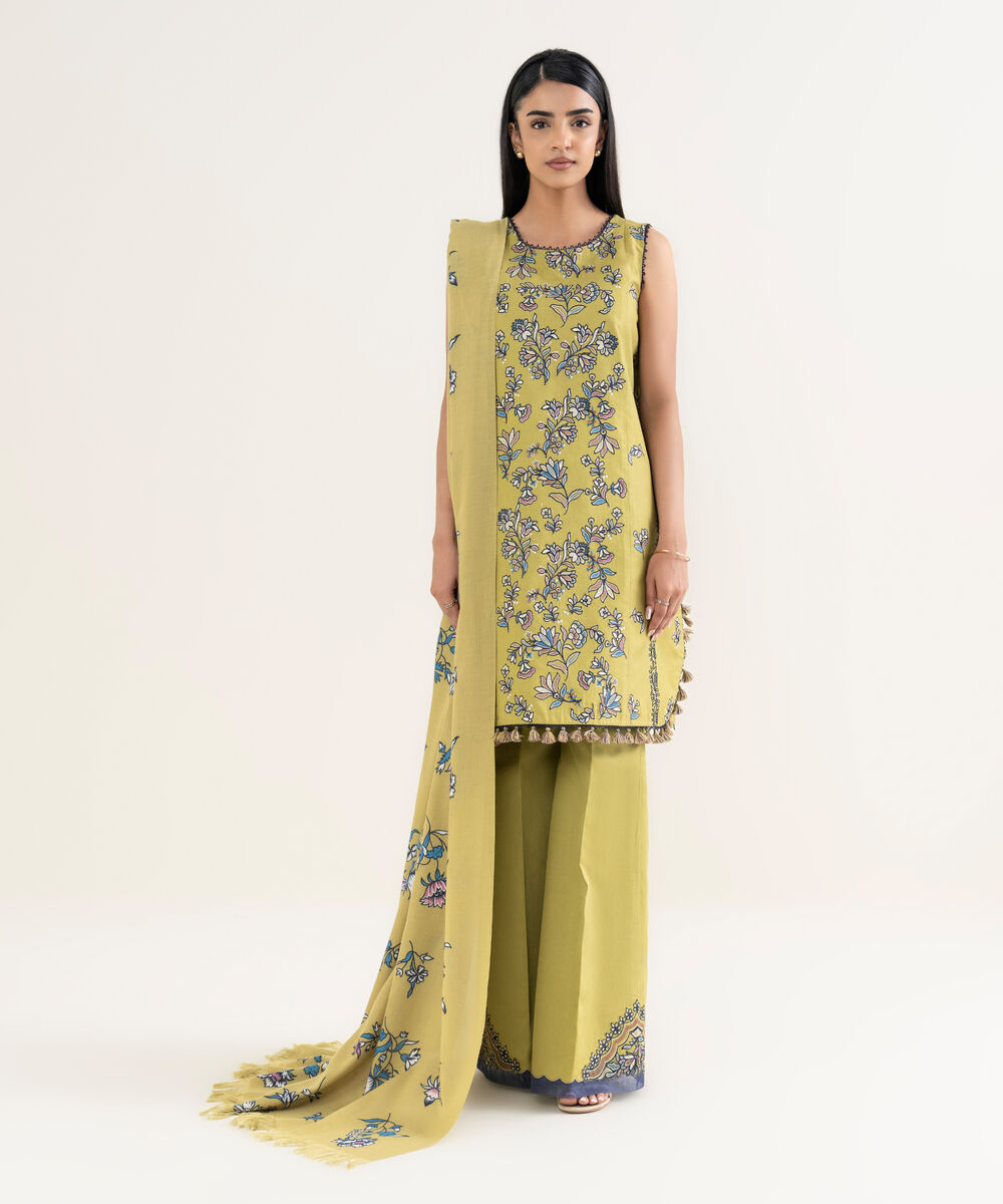 Women's Unstitched Embroidered Fine Cotton Satin Apple Green 3 Piece Suit