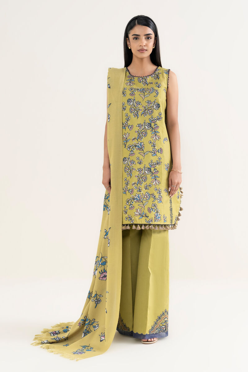 3 Piece - Embroidered Cotton Satin Suit