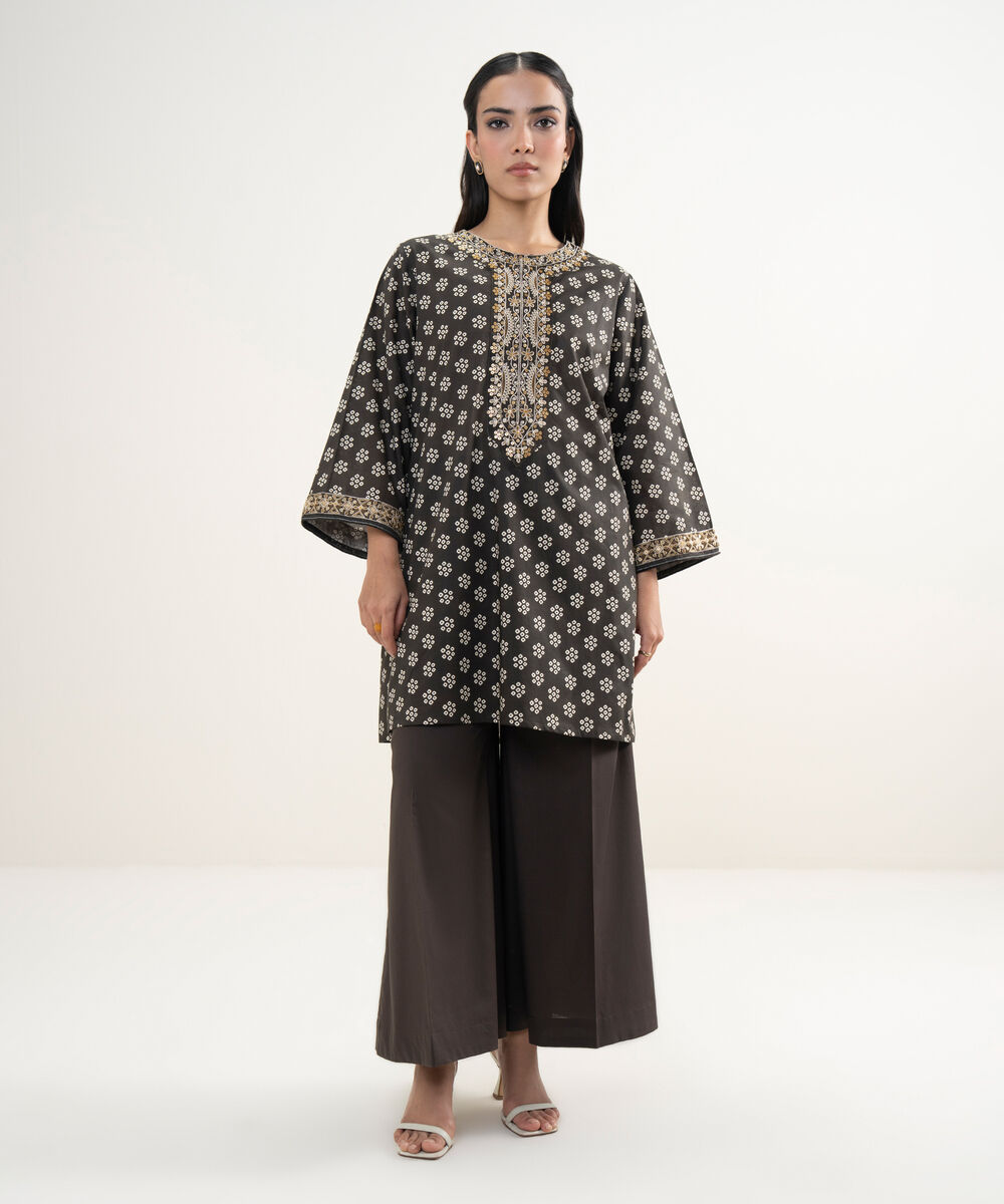 Women's RTW Slub Lawn Embroidered Dark Brown Straight Shirt