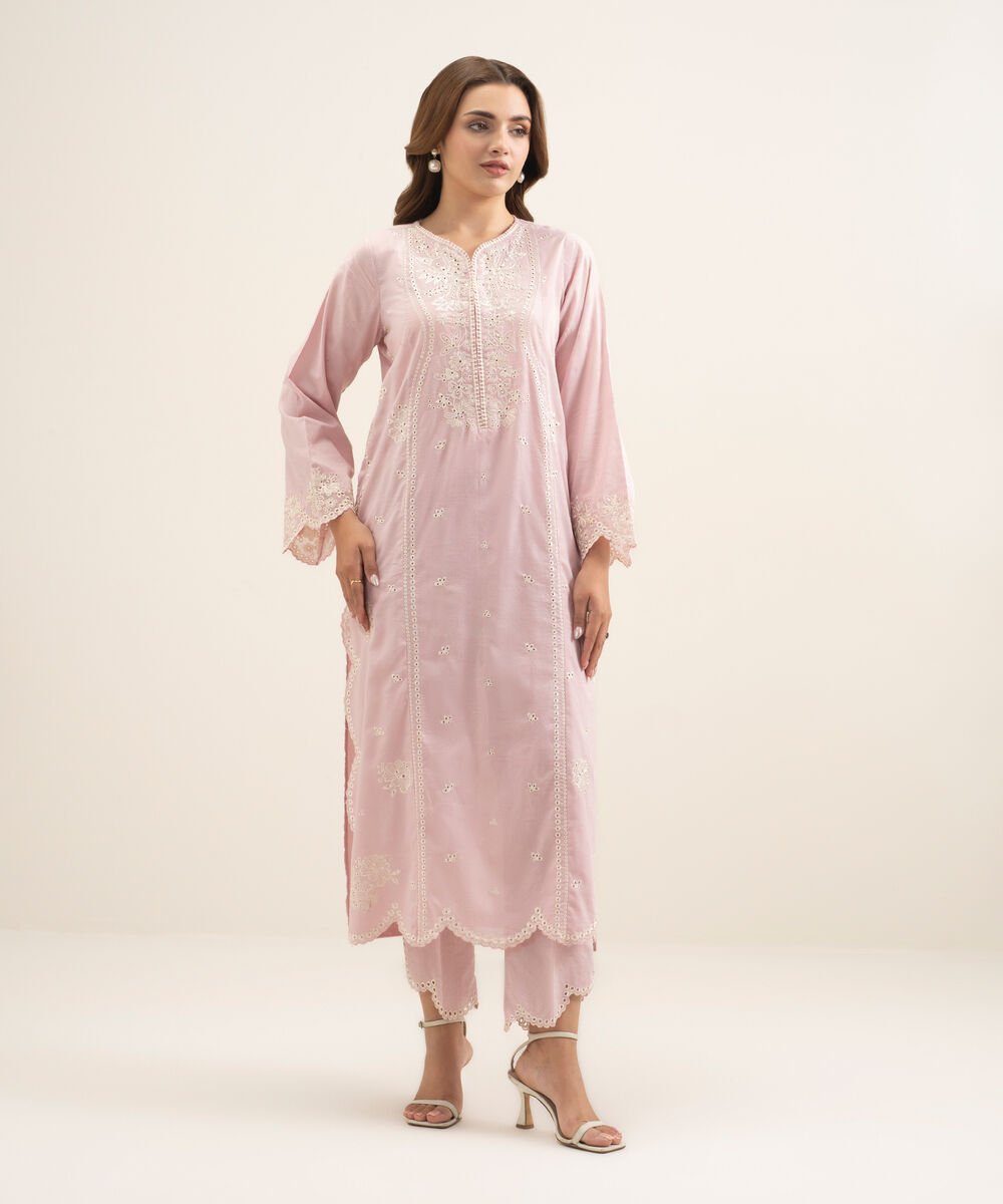Women's RTW Self Jacquard Embroidered Pink Straight Shirt