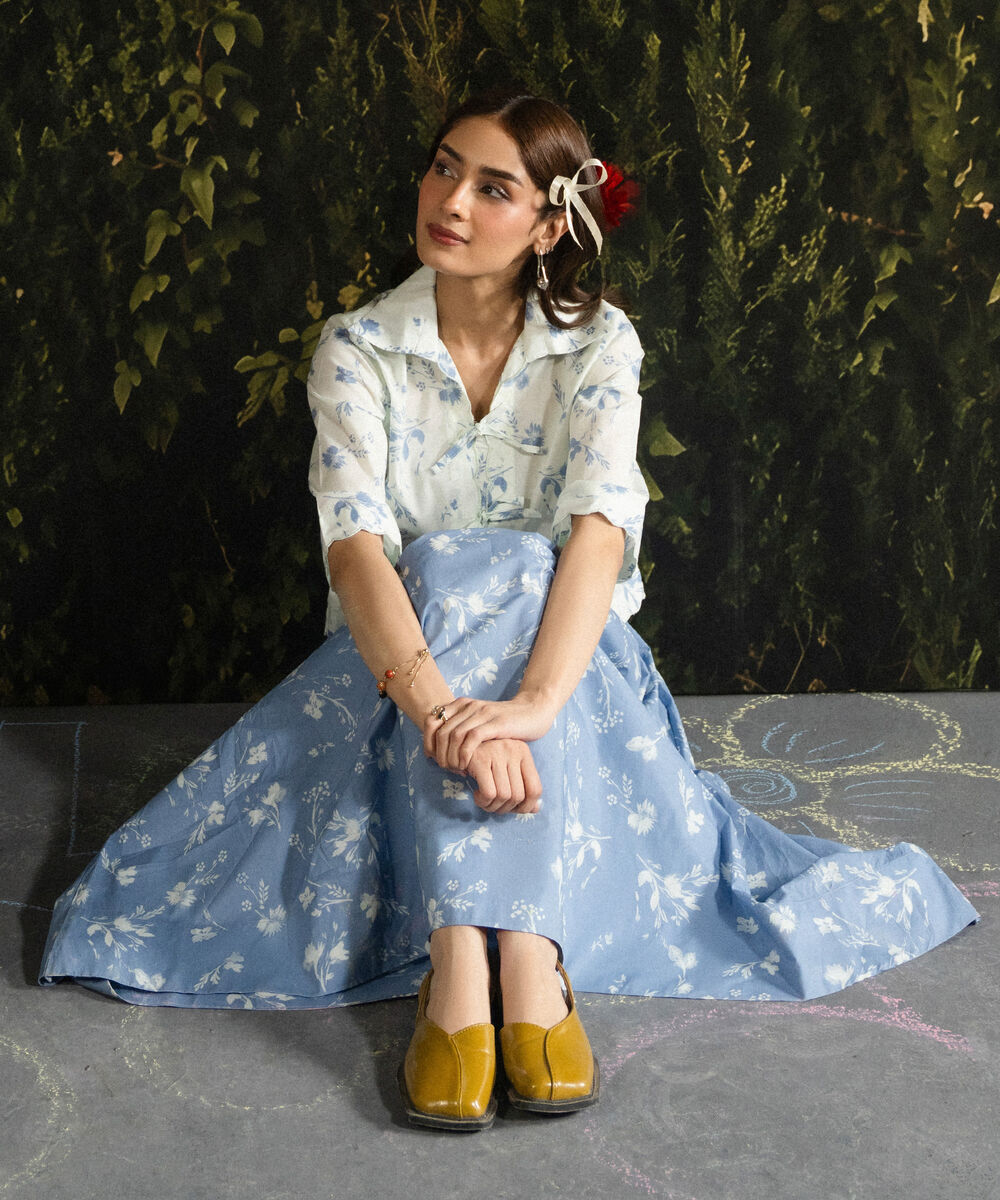 Women's RTW Poplin Printed Blue Skirt