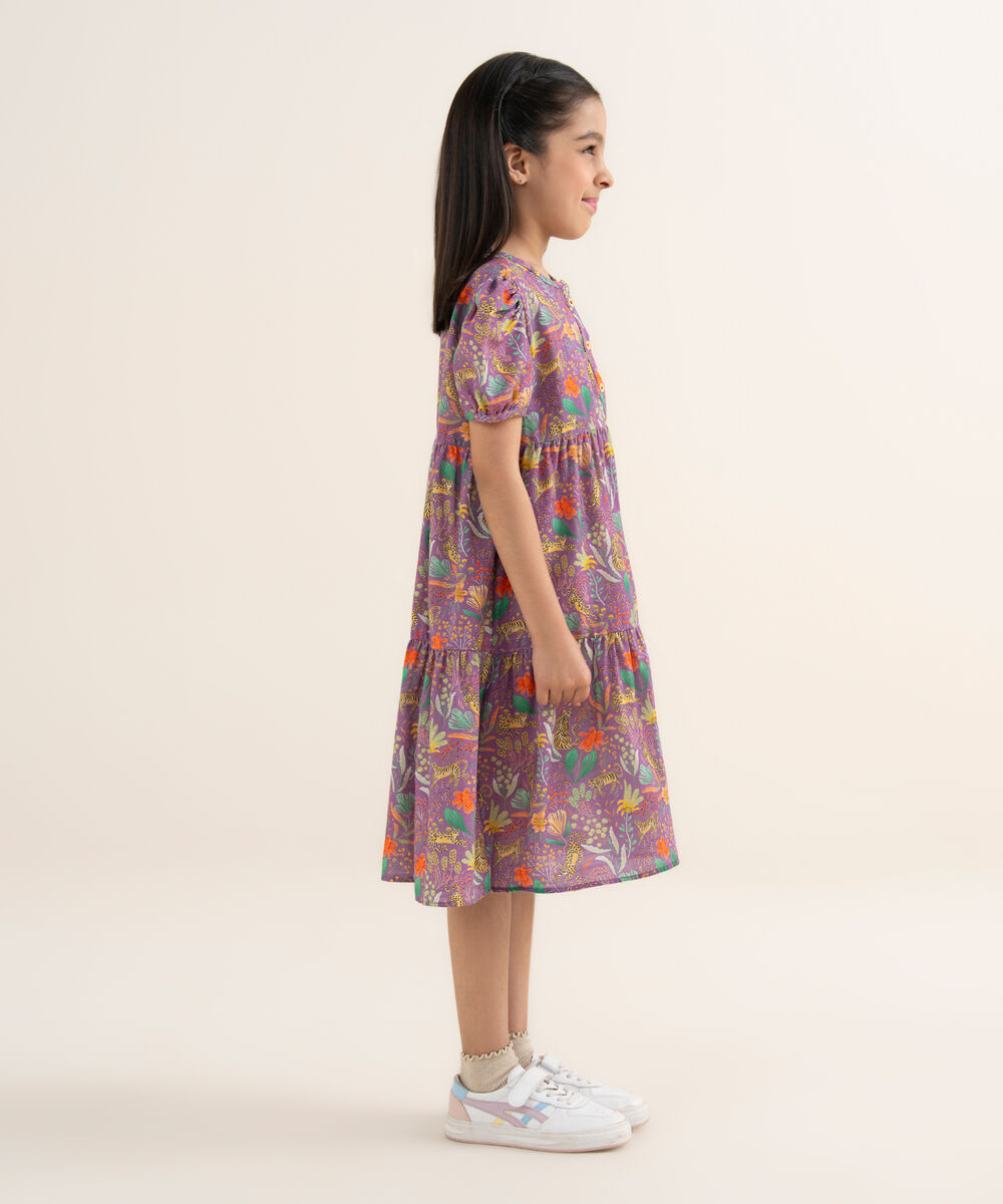 Girl's Khaddar Printed Purple Tier Dress