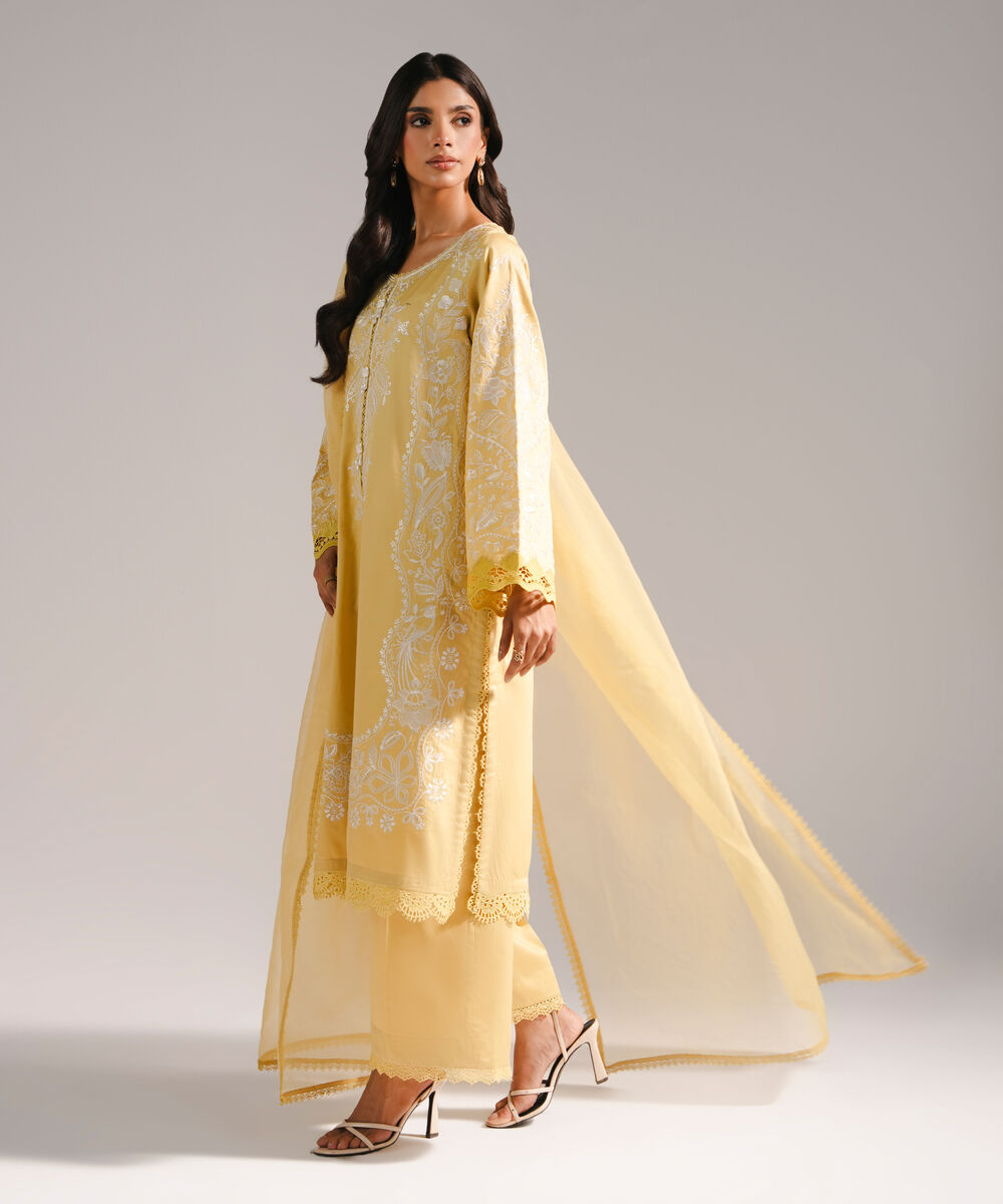Women's RTW Cotton Satin Embroidered Pale Yellow 3 Piece Suit