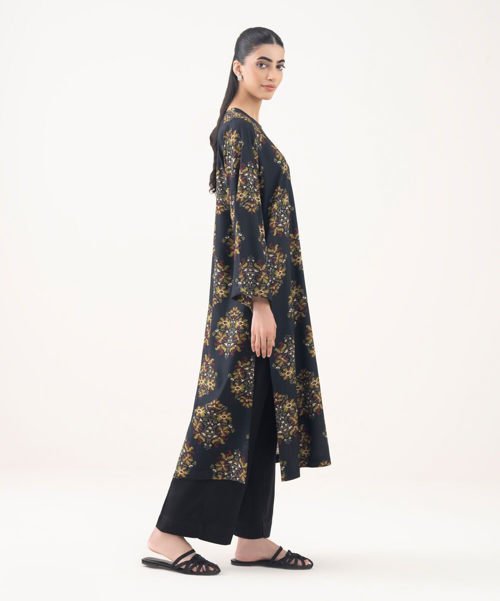 Women's RTW Viscose Linen Black Printed A-Line Shirt