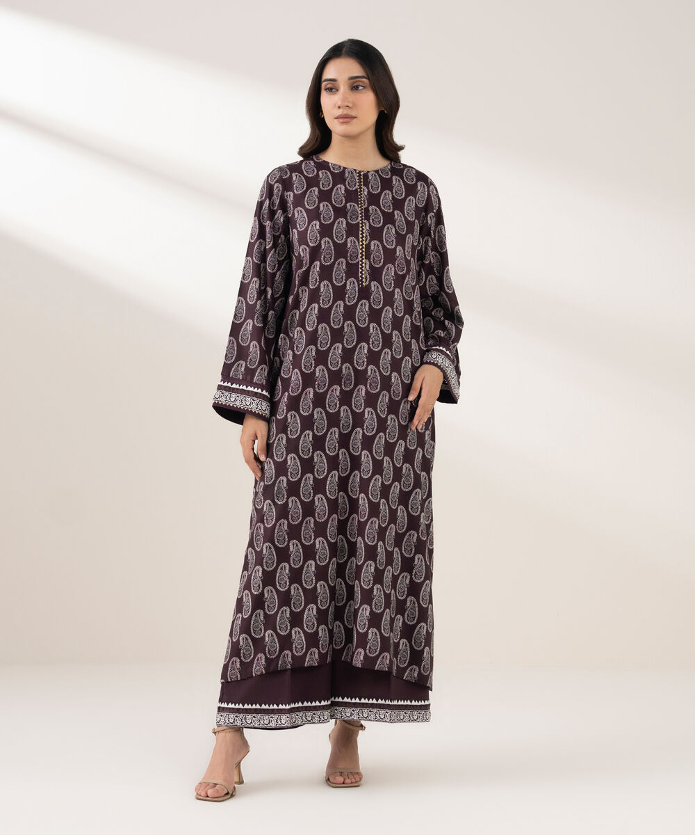 Women's RTW Viscose Linen Printed Straight Brown Shirt