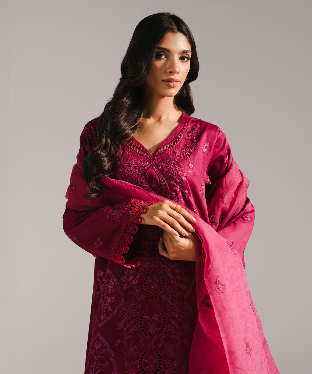 Women's RTW Cotton Satin Embroidered Plum 3 Piece Suit