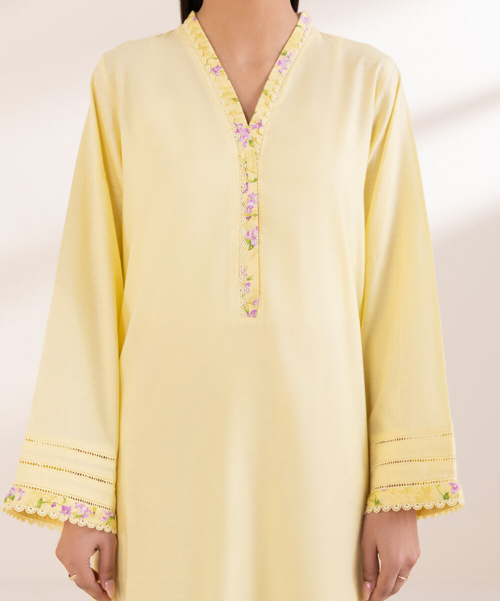 Women's Pret Dobby Yellow Solid A-Line Shirt