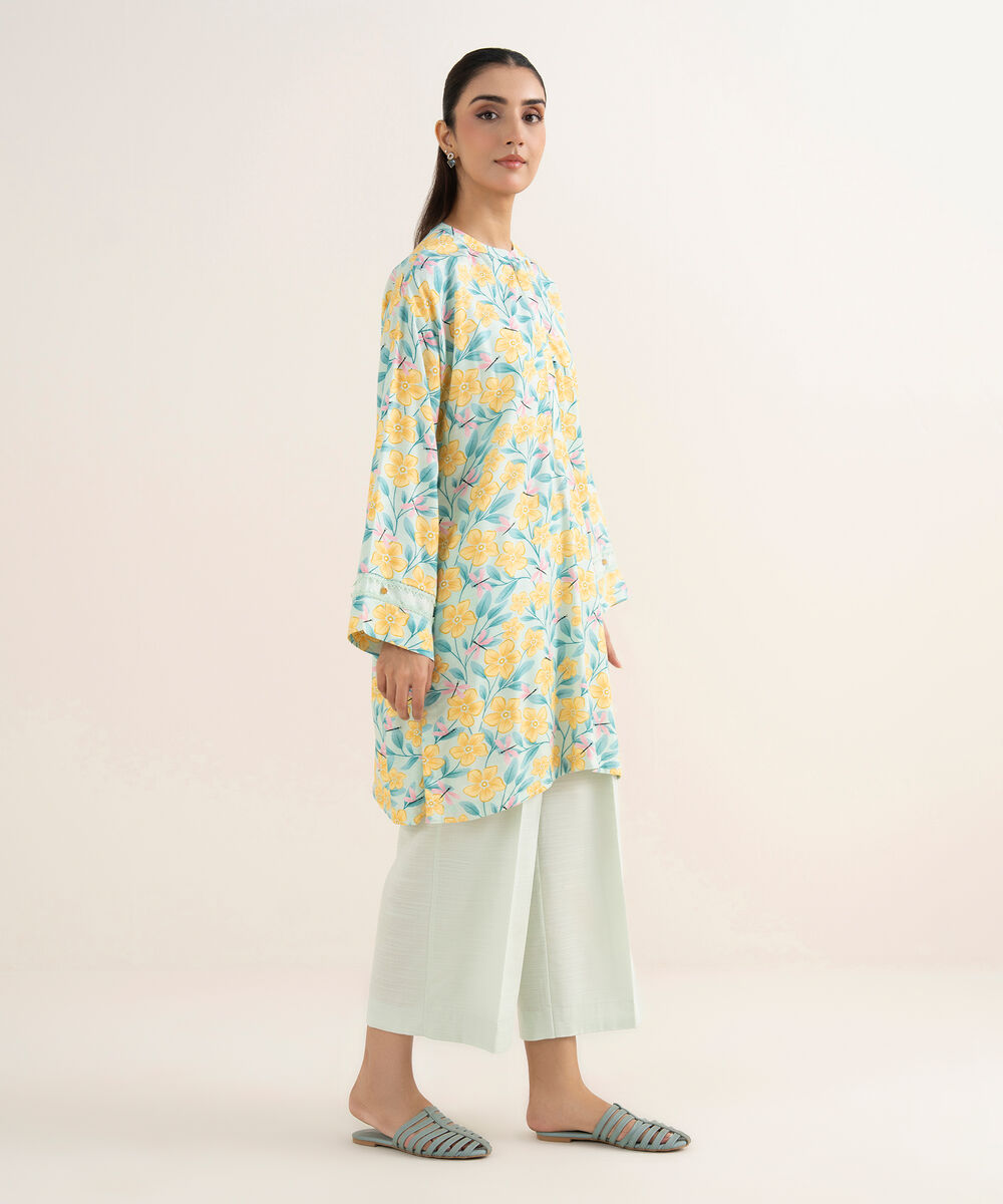 Women's RTW Herringbone Printed Blue Straight Shirt