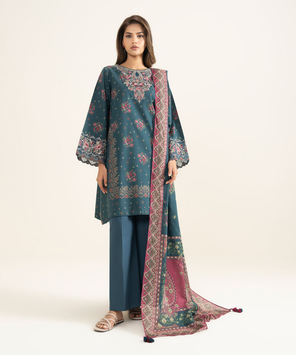 Women's Unstitched Lawn Embroidered Blue 3 Piece Suit